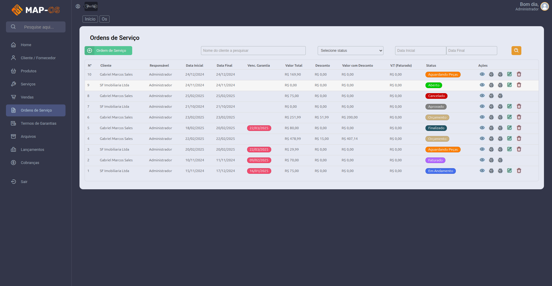 Tela de Ordens de Serviço do MAP-OS